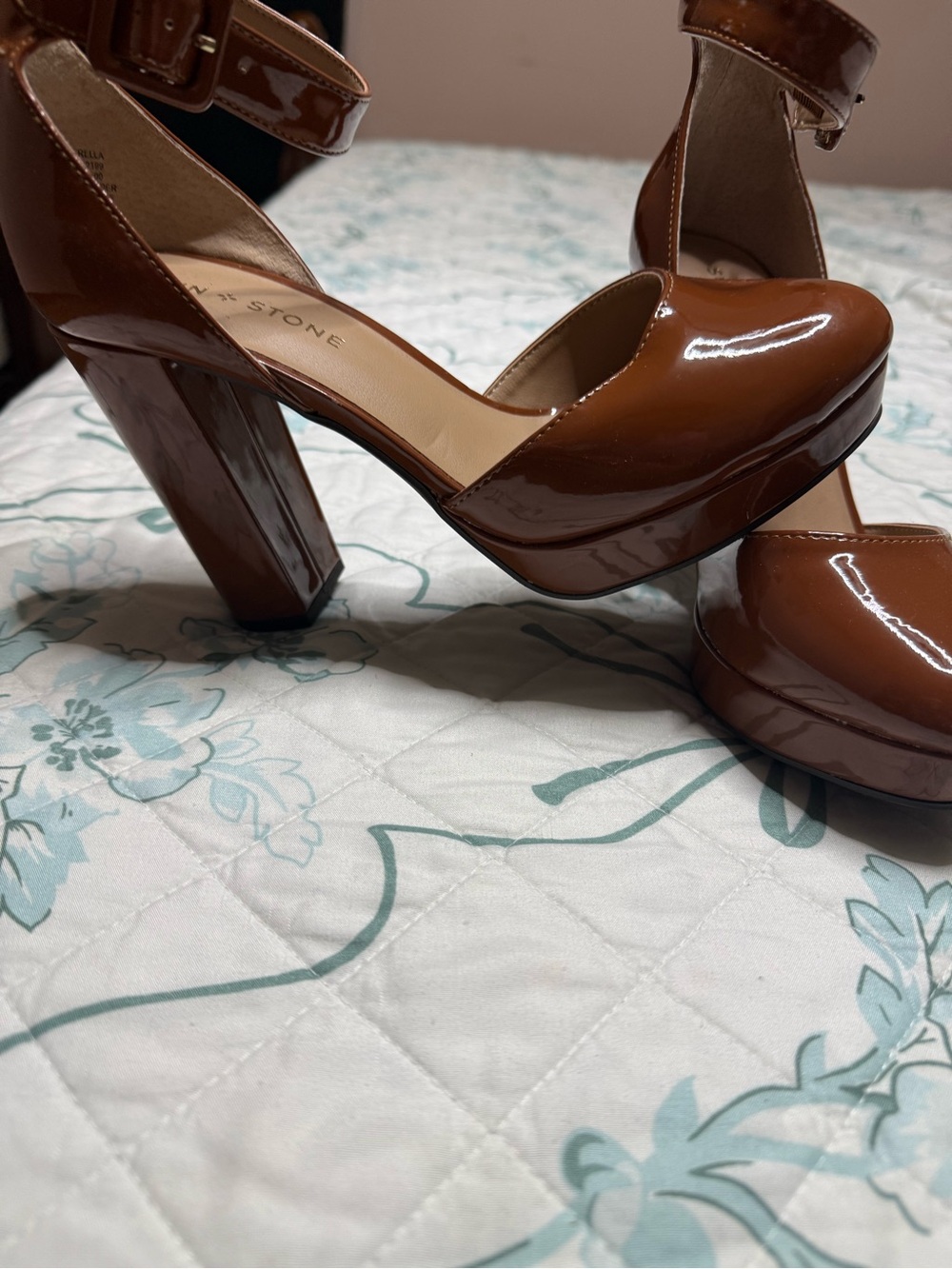 Sun + Stone Brown Patent Platform Mary Jane Heels